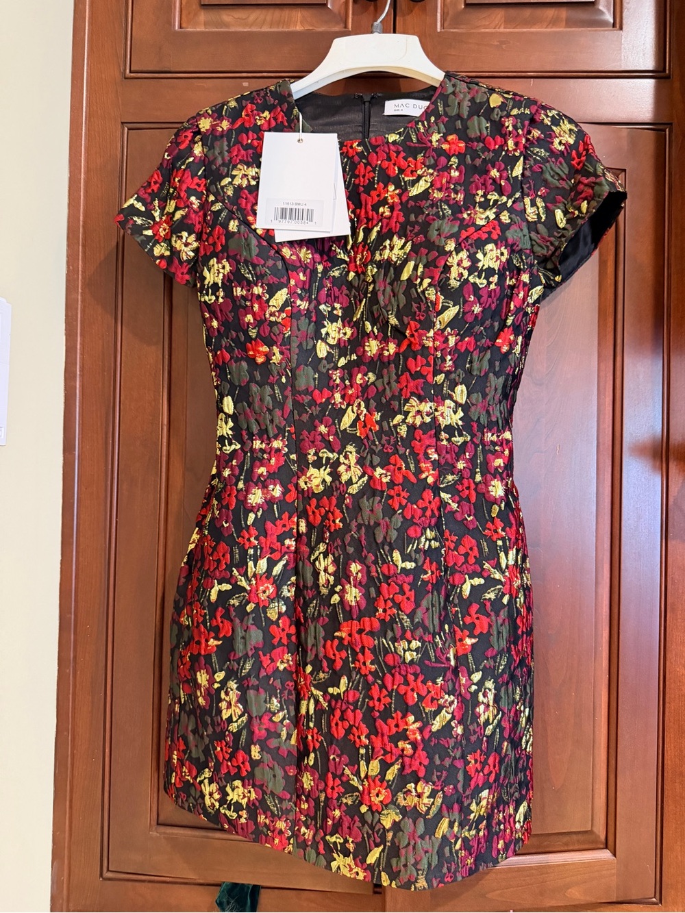 Mac Duggal Black Floral Jacquard Mini Dress with Red & Yellow Blooms